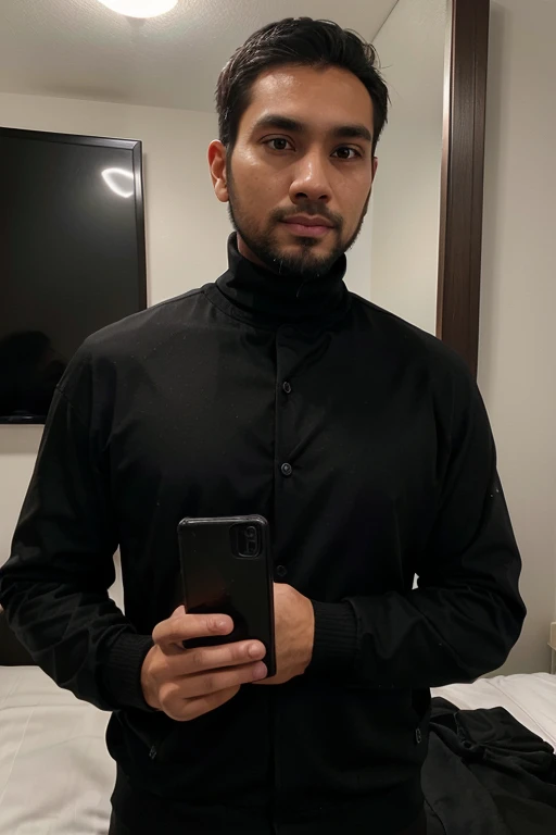 a handsome 30 year old man with an Indonesian face with a thin beard and a slightly fat body, wearing a black jacket and black turtleneck shirt is taking a photo of himself with a Samsung note 20 ultra facing the mirror in a hotel room. The picture is very realistic and super detailed
