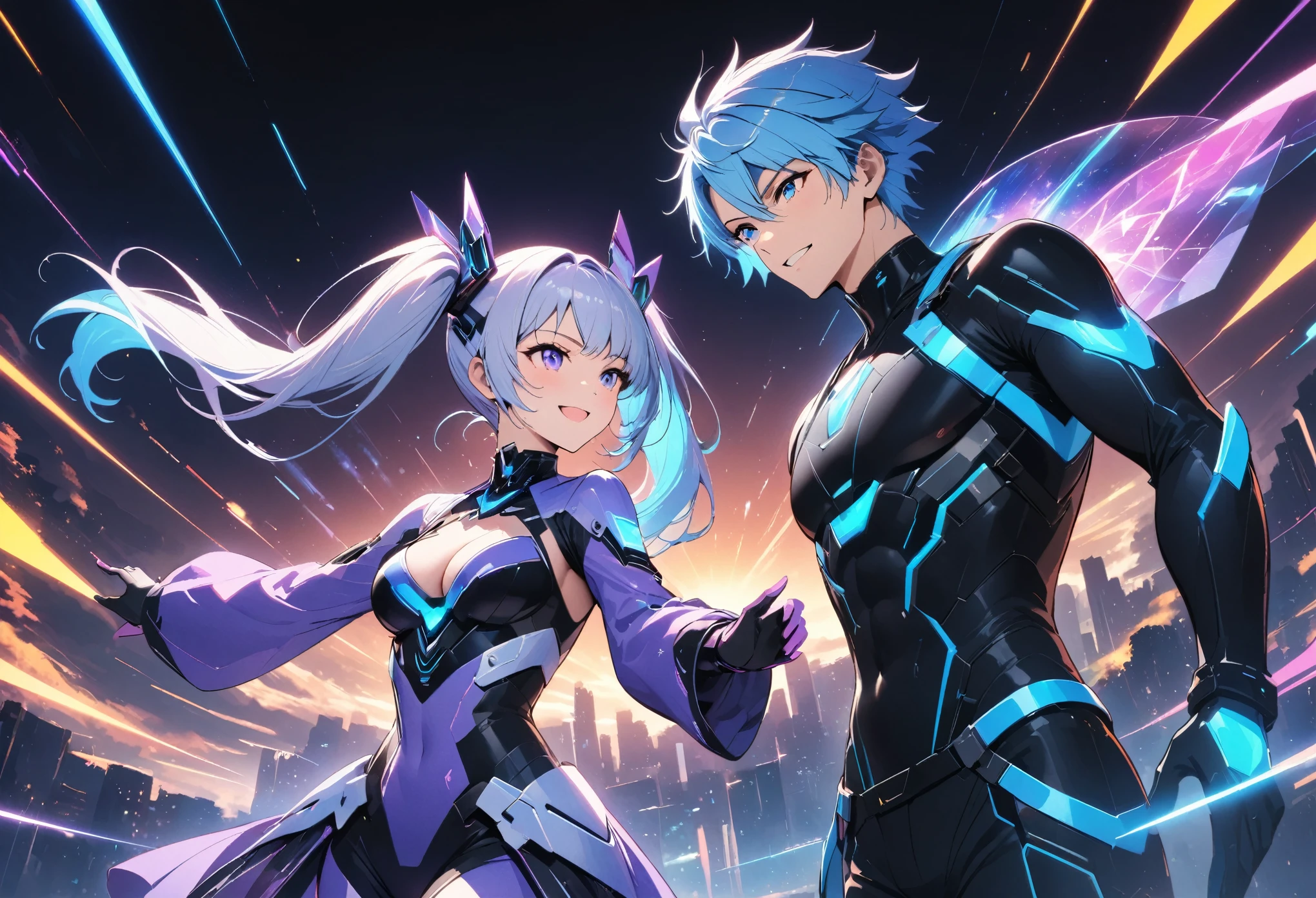 ((((Male and female couple)))):future,((Happy couple)),(Couples where the man is taller than the woman),Different color combinations,Couples with different builds and clothing,Scenes where they fight together,Attack style,fight,(masterpiece:1.3),(highest quality:1.4),(ultra detailed:1.5),High resolution,extremely detailed,unity 8k wallpaper,Perfect Anatomy,((Light)),SF,scientific,Dark Background: Draw electronic circuits in neon colors,cyber style,Digital Space,energy,((beautiful)),holography,Digital Art,flash,Vibrant,colorful,magic,Rich colors,Beautiful Light lines.,Sparkling,beautiful Light grains,Cyber GirlとCyberboy,(Sky blue haired man: Cyberboy),(Woman with purple pigtails: Cyber Girl),Optimal Configuration,(Anatomically correct),break,(((More about women: Woman wearing (Cyber Girl's black and white purple costume): 非常に長いWoman with purple pigtails: Mysterious Girl))),break,((Male details: man wearing (Cyberboy's black costume))),break,kind,(Anatomically correct),highest quality,Great quality,16k,Unbelievably absurd,Very detailed,beautiful eyes,Anime-style illustrations,Watercolor elements,Great color balance,Happy dreams,Zentangle Elements,rendering