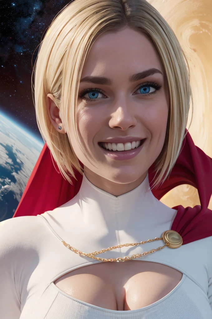 kara,short blonde hair, blue eyes,large breasts, white leotard, left shoulder cape and chain, red cape, cleavage cutout, long sleeves, looking at viewer, smiling,  close up portrait, outside, space, planet background, high quality, masterpiece, 