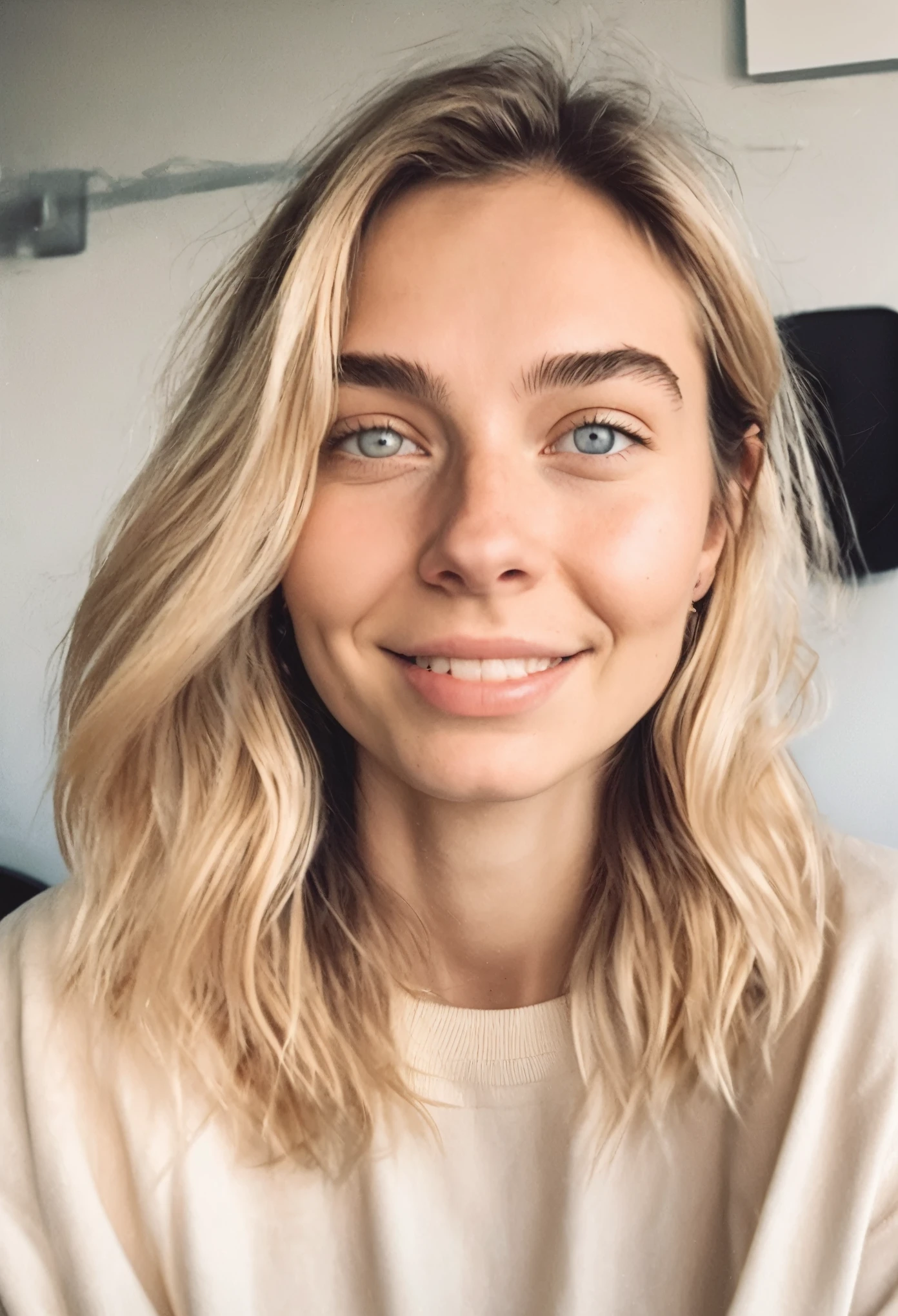 instagram photo, portrait photo of a 20-year-old Russian woman, cute face, perfectly detailed eyes, blonde hair, natural skin, well-lit face, sitting in a chair in a veterinarian's office