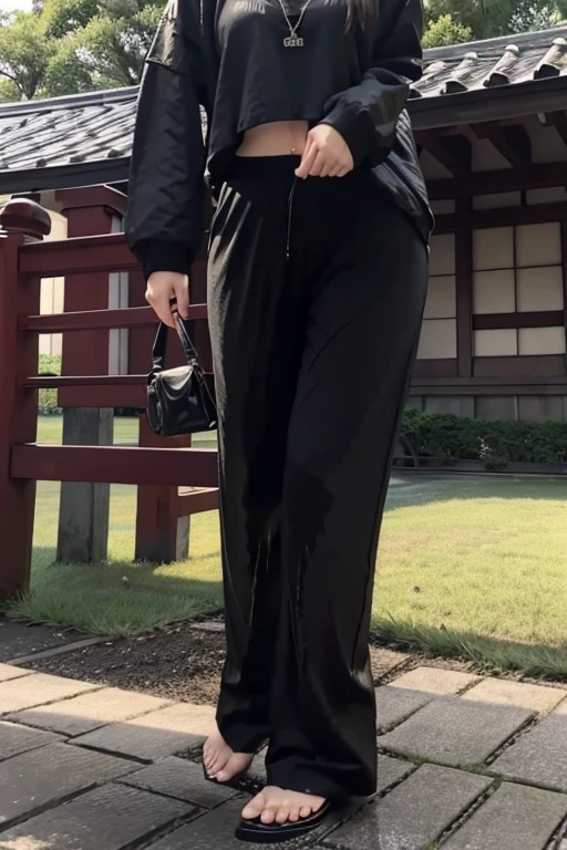 Japanese Girl sees the ghost and pees her black palazzo pants until her pants are wet in fright.