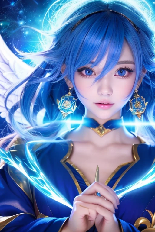 ((highest quality)), ((masterpiece)), (detailed), Perfect Face,kind,Healing,Alluring,fortune teller,Fantastic,vivid,Long Hair,front,Gal,Flashy hair,Wizard,Anime style robe,blueの瞳,Eyelashes,crystal,(blue),Angel Wings,Large earrings,crystal,