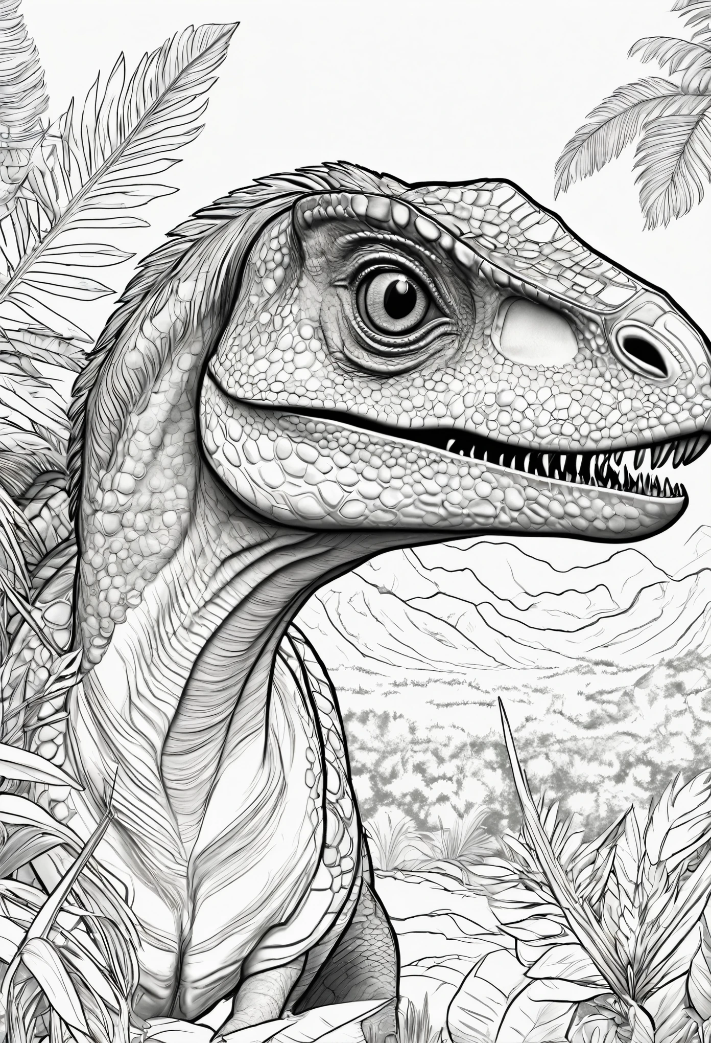 coloring book for children, Design a detailed and realistic velociraptor for children's coloring pages aimed at ages 9-15. dinosaur nest with eggs