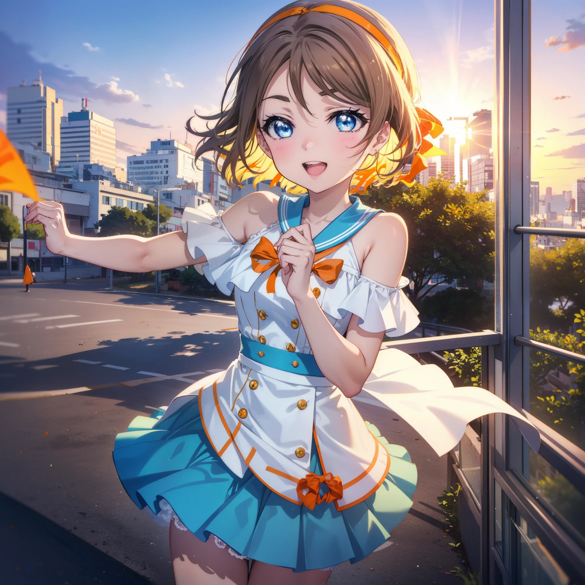 Yo Watanabe, Yu Watanabe, short hair, blue eyes, Brown Hair, smile, happy smile, smile, Open your mouth,Hair Ribbon, hair band, Orange Hair,Rocket Pendant, (Orange ribbon:1.5),Off-the-shoulder blue dress,Bare neck,Bare shoulders,bare clavicle,Blue long skirt,Cute heeled sandals,evening,Sunset,The sun is setting,whole bodyがイラストに入るように,
break outdoors, Coastal Road,Building district,
break looking at viewer, whole body,
break (masterpiece:1.2), highest quality, High resolution, unity 8k wallpaper, (figure:0.8), (Beautiful fine details:1.6), Highly detailed face, Perfect lighting, Highly detailed CG, (Perfect hands, Perfect Anatomy),