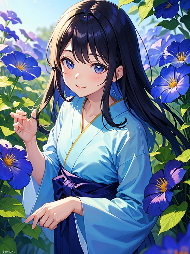 Masterpiece、highest quality、Lots of morning glories、One girl、Wearing a blue yukata、Smile with your mouth closed