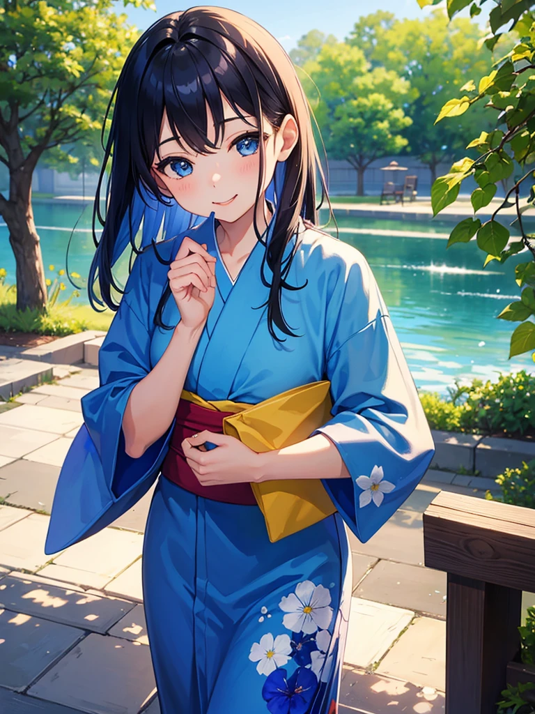Masterpiece、highest quality、Lots of morning glories、One girl、Wearing a blue yukata、Smile with your mouth closed