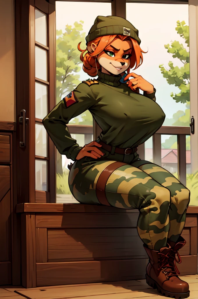 (best quality,4k,8k,highres,masterpiece:1.2),ultra-detailed,realistic:1.37,portrait,anthro bandicoot girl redhead, braided hair, beautiful green eyes,  sexy ,seductive, warm sweater, camouflage beanie ,camouflage pants, army boots, smirking, cozy lighting, vibrant colors , girl anthro , sweater, camouflage beanie, camouflage pants, army boots,