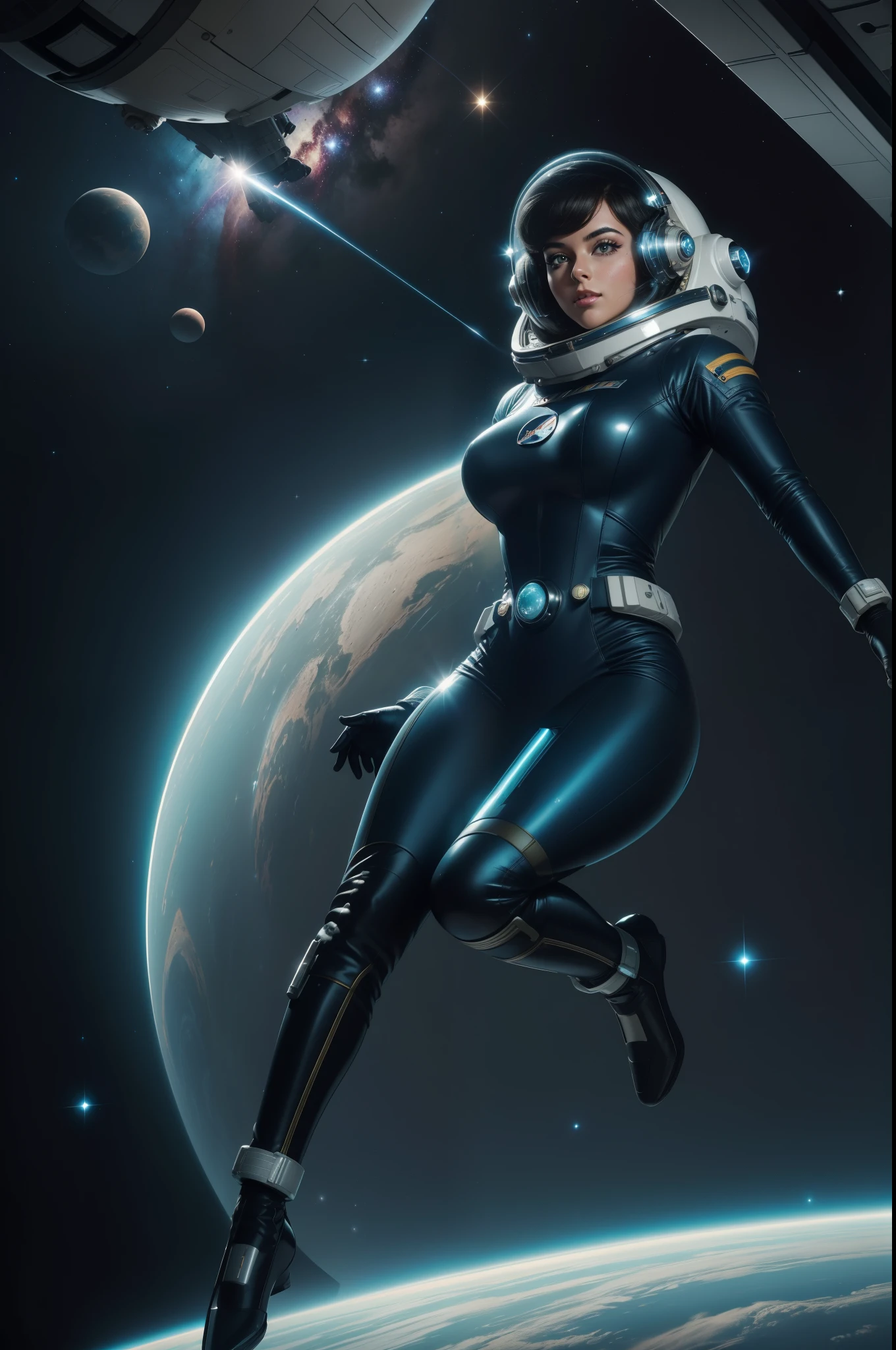 (best quality,4k,8k,highres,masterpiece:1.2),ultra-detailed,(realistic,photorealistic,photo-realistic:1.37),space girl,retro-futuristic,vibrant colors,classic sci-fi,shiny spacesuit,beautiful detailed eyes,beautiful detailed lips,long eyelashes,retro hairstyle,curvaceous figure,futuristic helmet with glass visor,silver gloves,cosmic backdrop,star-filled universe,distant planets,nebula clouds,rocket engines,sparkling stardust,spacecraft control panel,astronaut pin-up,playful pose,exuding confidence,space exploration theme,sci-fi adventure,atomic era fashion,glowing retro technology,ray guns,classic rocketship,space age glamour,sexy yet empowered,1950s inspiration,vintage space travel,colossal spacecraft,retro space station,hyperspace jump,sleek design,sci-fi fantasy,enchanted atmosphere,otherworldly beauty,captivating gaze,retro-futuristic scenery
