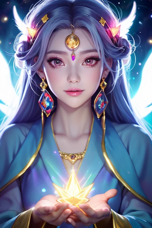 ((highest quality)), ((masterpiece)), (detailed), Perfect Face,kind,Healing,Alluring,fortune teller,Fantastic,vivid,Long Hair,front,Gal,Flashy hair,Wizard,Anime style robe,Red Eyes,Eyelashes,crystal,(sky blue),Angel Wings,Large earrings,crystal,