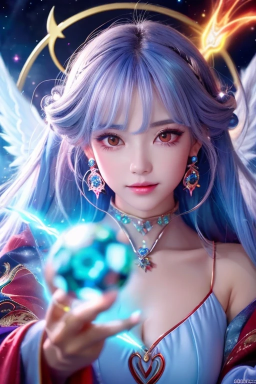 ((highest quality)), ((masterpiece)), (detailed), Perfect Face,kind,Healing,Alluring,fortune teller,Fantastic,vivid,Long Hair,front,Gal,Flashy hair,Wizard,Anime style robe,Red Eyes,Eyelashes,crystal,(sky blue),Angel Wings,Large earrings,crystal,
