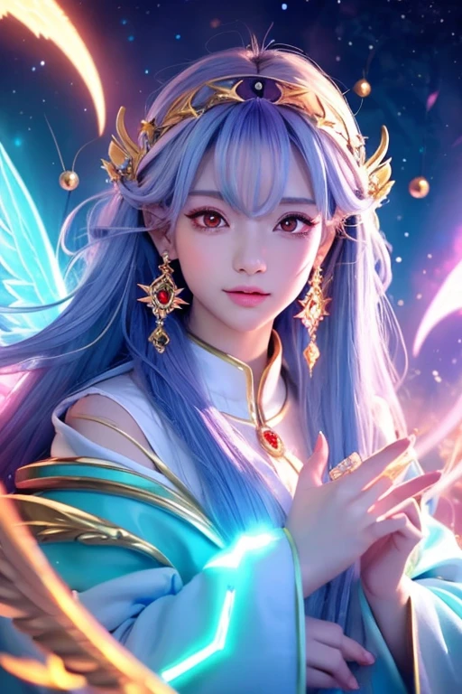 ((highest quality)), ((masterpiece)), (detailed), Perfect Face,kind,Healing,Alluring,fortune teller,Fantastic,vivid,Long Hair,front,Gal,Flashy hair,Wizard,Anime style robe,Red Eyes,Eyelashes,crystal,(sky blue),Angel Wings,Large earrings,crystal,