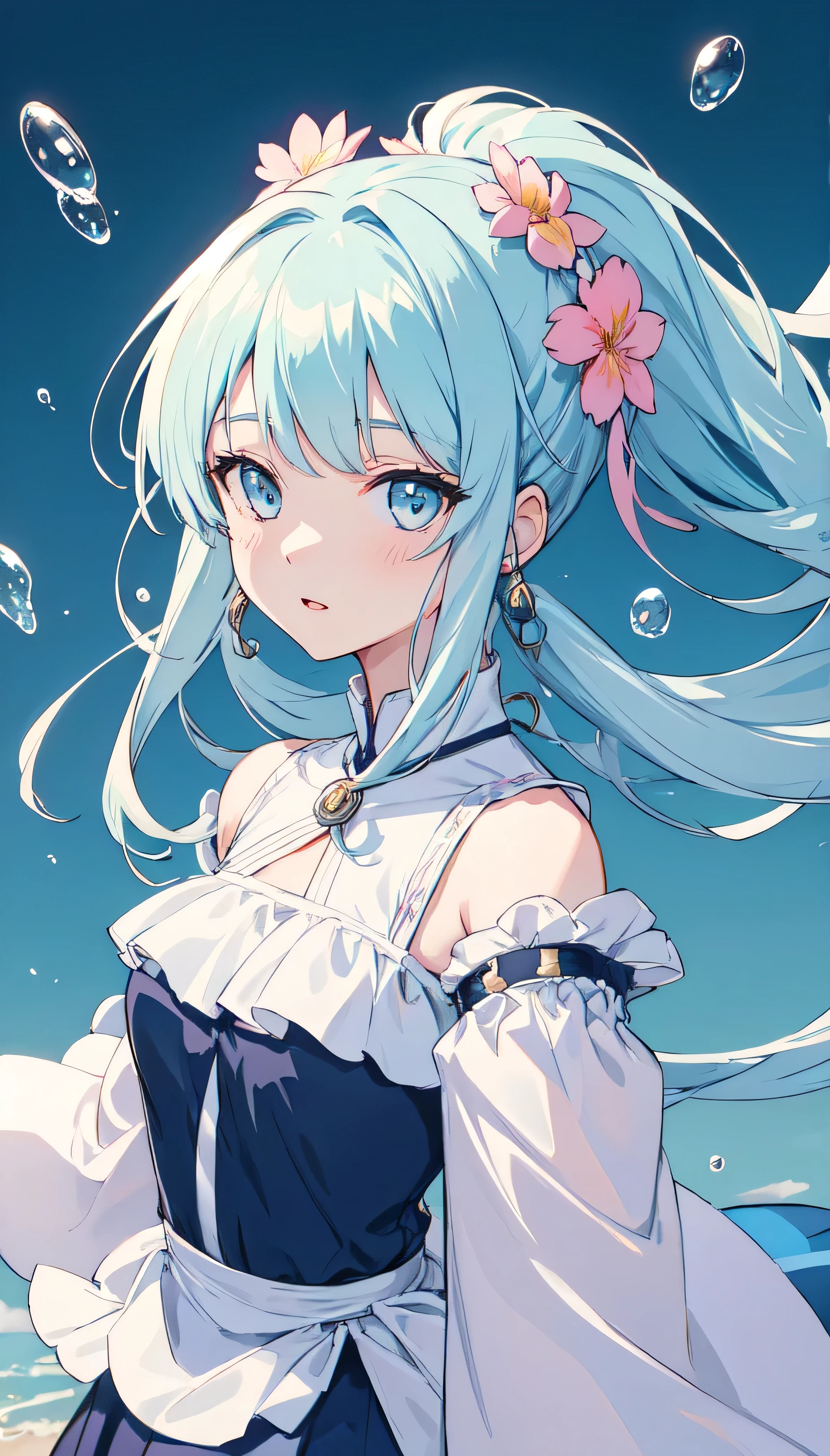 (masterpiece), (best quality), (ultra detailed),(disheveled hair),(illustration), (1girl), (Fashionable clothing), standing, Fashion model, looking at viewer, (interview), (simple background),beautiful detailed eyes, delicate beautiful face, Floating,(high saturation),(colorful splashes),colorful bubble,(shining), focus on face, ponytail, kamisato ayaka, light blue hair, bangs, hair ring, floating flowers, floating hairs, (shining), best lighting, best shadow,