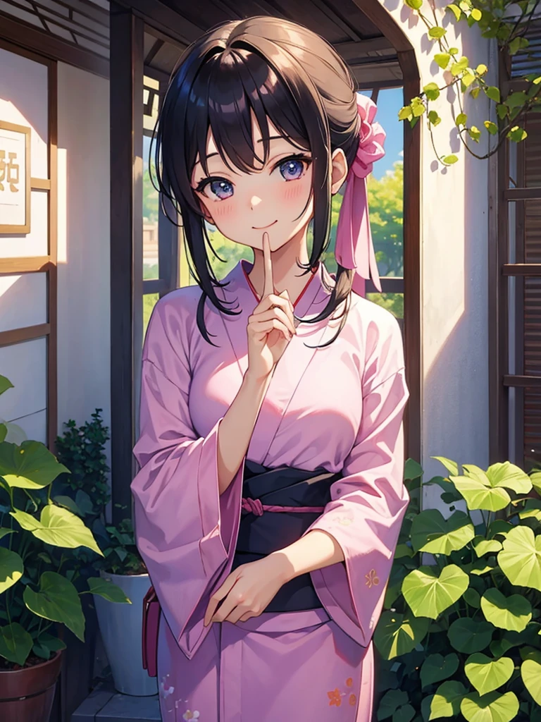 Masterpiece、highest quality、Lots of morning glories、One girl、Wearing a pink yukata、Smile with your mouth closed、Hair tied up