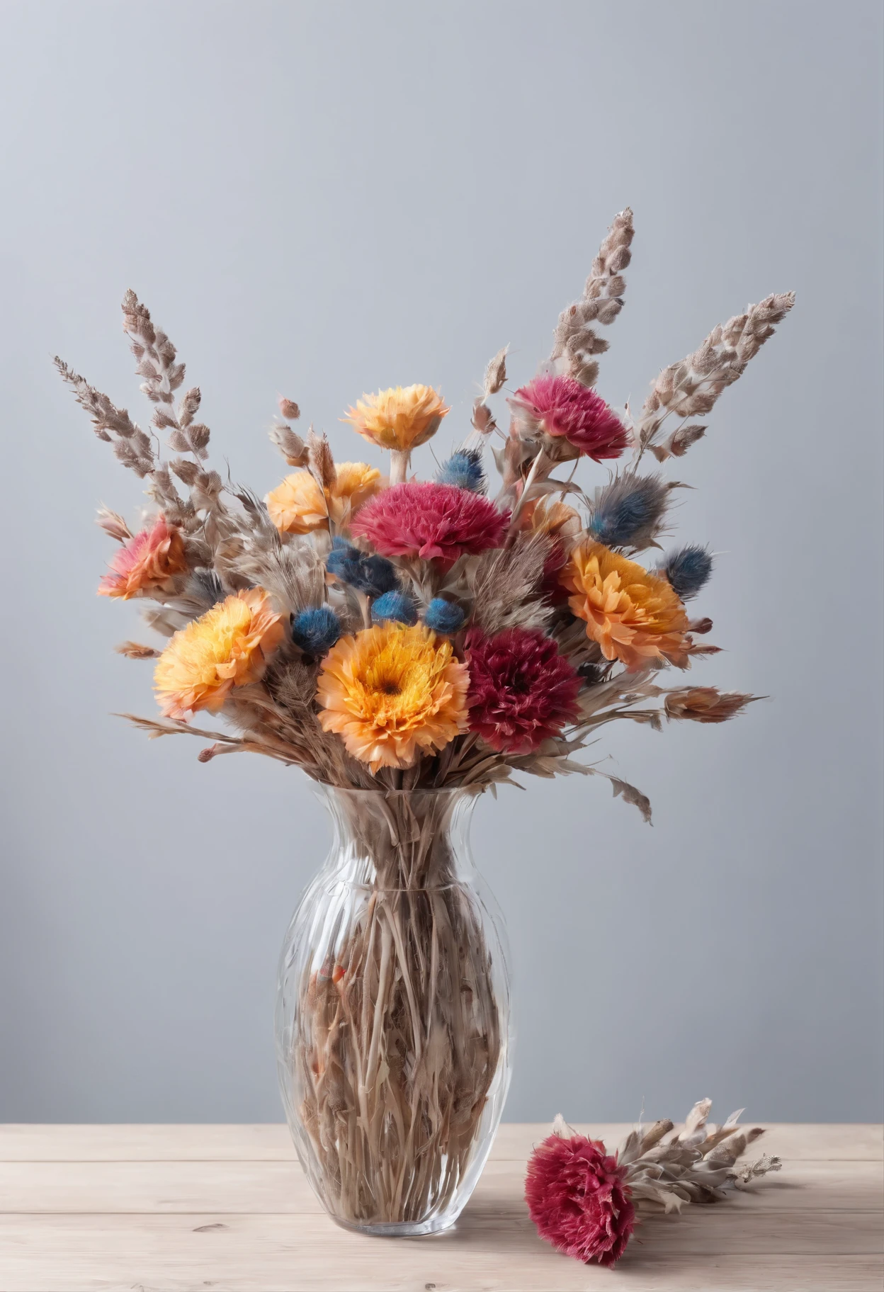 vase with a bouquet of colorful dried flowers, the bouquet contains dried roses, thistle and helichrysum, light background, the vase stands on a wooden table, best quality, photorealistic, intricate details, highly-detailed, real photography, hyperrealism, 4k