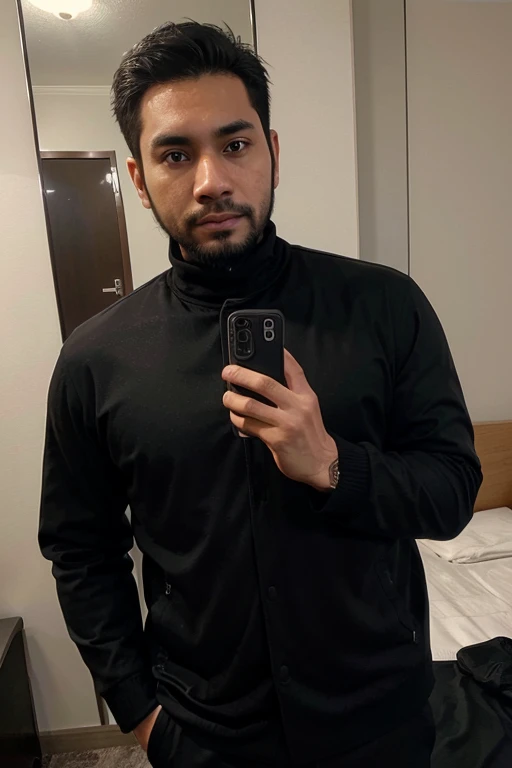 a handsome 30 year old man with an Indonesian face with a thin beard and a slightly fat body, wearing a black jacket and black turtleneck shirt is taking a photo of himself with a Samsung note 20 ultra facing the mirror in a hotel room. The picture is very realistic and super detailed