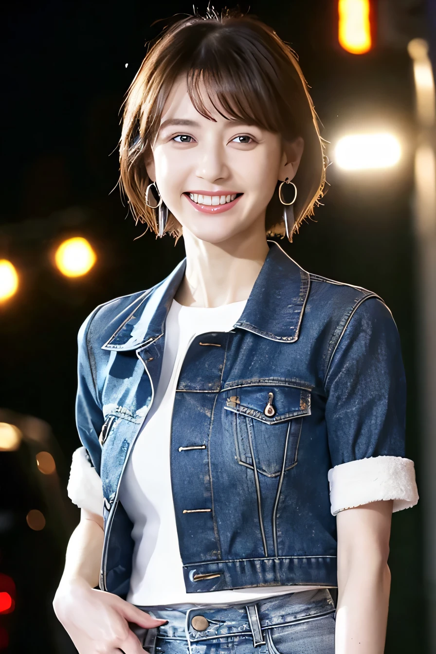 8k, masterpiece, RAW Photos, highest quality, detailed:1.2), Realistic, Extremely detaileded CG unifies 8k wallpapers, Depth of written boundary, Cinematic Light, Lens flare, Ray Tracing, (Very beautiful face, Beautiful Lips , Beautiful Eyes), Intricate detailed face, ((Ultra detaileded skin)) One girl, Black Hair、Short Haircut、Cute Korean Girl, K-Pop Idols, (Very slim and muscular build:1.3), ((Show Viewer)) ,(Big smile), (mini jean skirt),(Open jacket), (Injection cuff), (City night, (Neon Light Sign), (night), Cute Korean Girl, Earrings, bracelet, necklace, No pantyhose, Bright Eyes, walk, (Pale skin), Look forward, (Big eyes), ((Upper body shot)), return, Buckshot, Very thin, Defamation