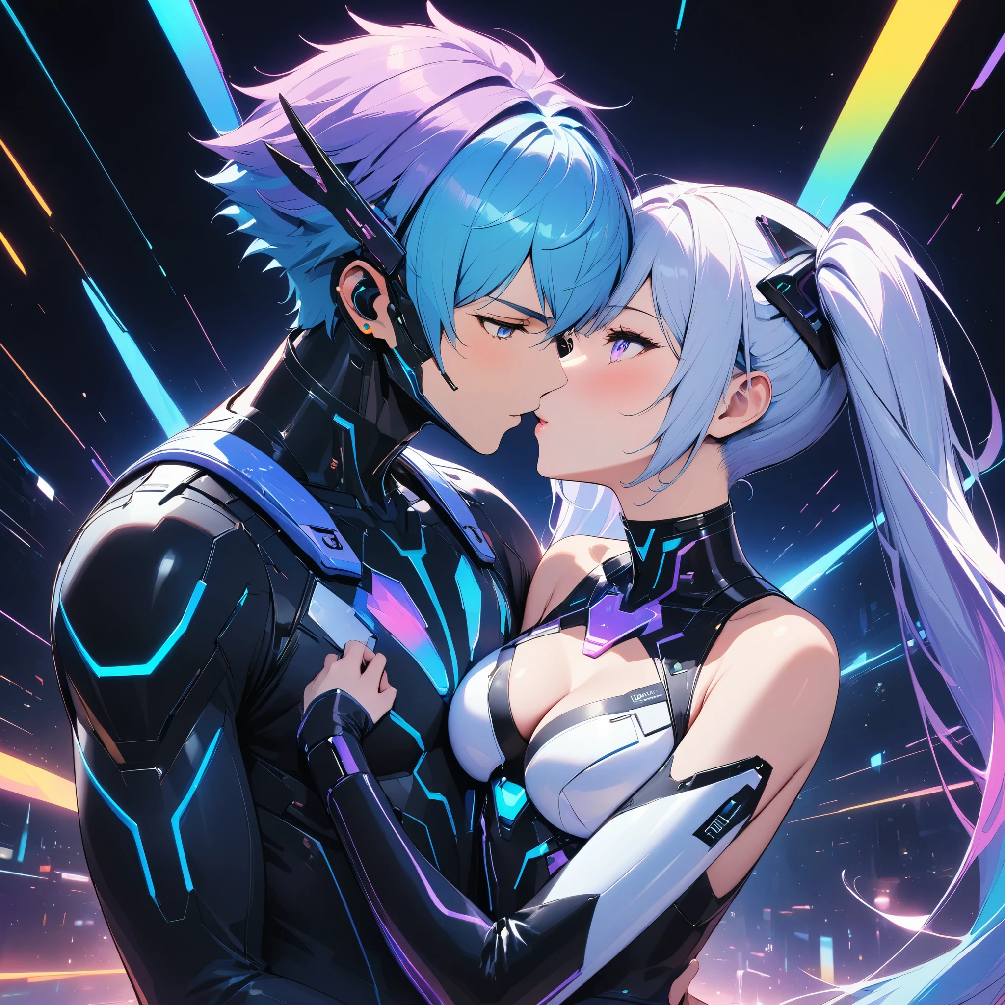 ((((Male and female couple)))):future,((Happy couple)),(Couples where the man is taller than the woman),Different color combinations,Couples with different builds and clothing,hug,((kiss)),(masterpiece:1.3),(highest quality:1.4),(ultra detailed:1.5),High resolution,extremely detailed,unity 8k wallpaper,Perfect Anatomy,((Light)),SF,scientific,Dark Background: Draw electronic circuits in neon colors,cyber style,Digital Space,energy,((beautiful)),holography,Digital Art,flash,Vibrant,colorful,magic,Rich colors,Beautiful Light lines.,Sparkling,beautiful Light grains,Cyber GirlとCyberboy,(Sky blue haired man: Cyberboy),(Woman with purple pigtails: Cyber Girl),Optimal Configuration,(Anatomically correct),break,(((More about women: Woman wearing (Cyber Girl's black and white purple costume): 非常に長いWoman with purple pigtails: Mysterious Girl))),break,((Male details: man wearing (Cyberboy's black costume))),break,kind,(Anatomically correct),highest quality,Great quality,16k,Unbelievably absurd,Very detailed,beautiful eyes,Anime-style illustrations,Watercolor elements,Great color balance,Happy dreams,Zentangle Elements,rendering
