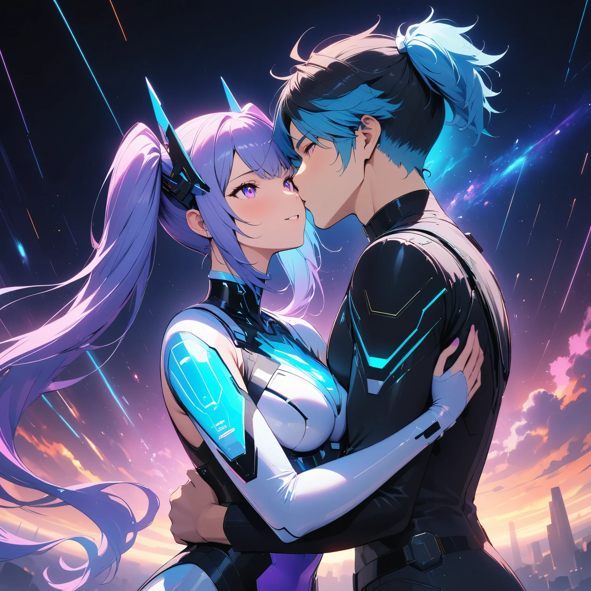 ((((Male and female couple)))):future,((Happy couple)),(Couples where the man is taller than the woman),Different color combinations,Couples with different builds and clothing,hug,((kiss)),(masterpiece:1.3),(highest quality:1.4),(ultra detailed:1.5),High resolution,extremely detailed,unity 8k wallpaper,Perfect Anatomy,((Light)),SF,scientific,Dark Background: Draw electronic circuits in neon colors,cyber style,Digital Space,energy,((beautiful)),holography,Digital Art,flash,Vibrant,colorful,magic,Rich colors,Beautiful Light lines.,Sparkling,beautiful Light grains,Cyber GirlとCyberboy,(Sky blue haired man: Cyberboy),(Woman with purple pigtails: Cyber Girl),Optimal Configuration,(Anatomically correct),break,(((More about women: Woman wearing (Cyber Girl's black and white purple costume): 非常に長いWoman with purple pigtails: Mysterious Girl))),break,((Male details: man wearing (Cyberboy's black costume))),break,kind,(Anatomically correct),highest quality,Great quality,16k,Unbelievably absurd,Very detailed,beautiful eyes,Anime-style illustrations,Watercolor elements,Great color balance,Happy dreams,Zentangle Elements,rendering
