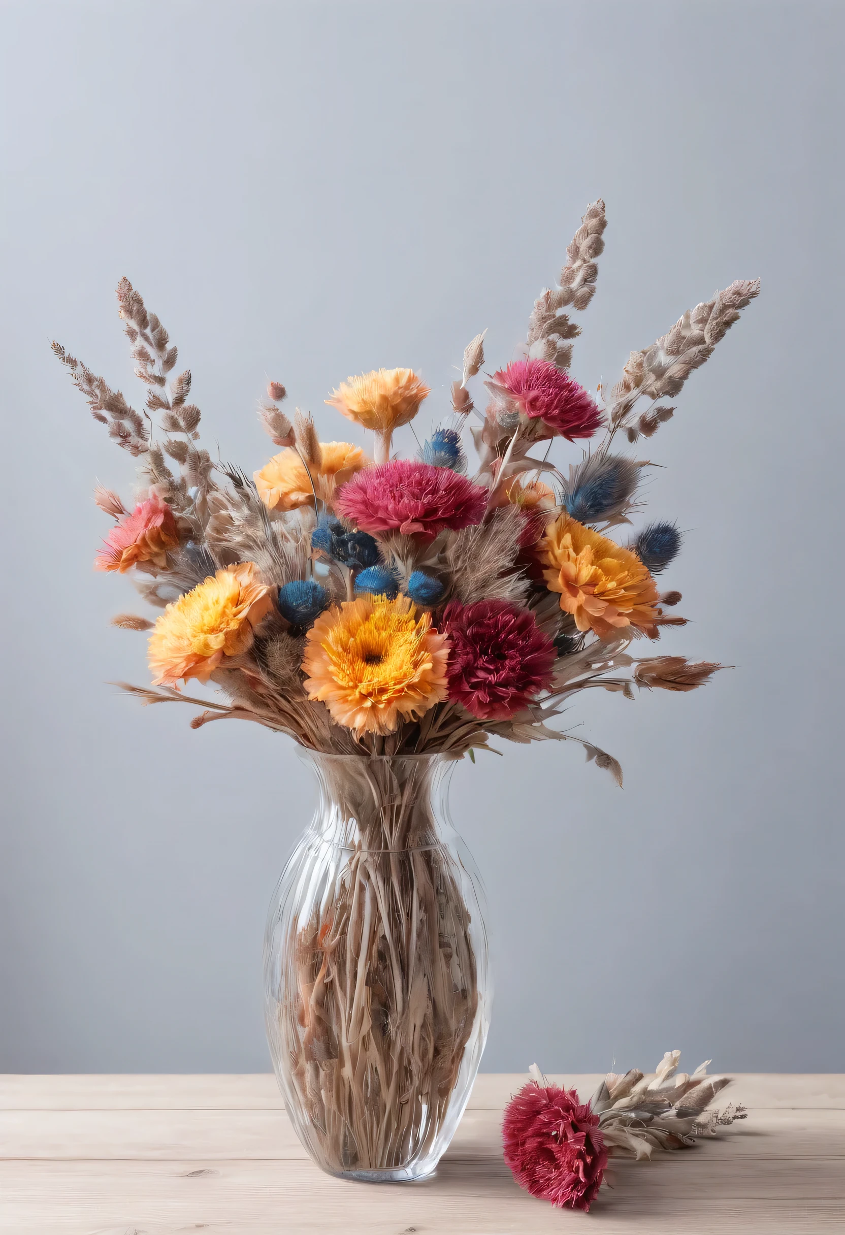 vase with a bouquet of colorful dried flowers, the bouquet contains dried roses, thistle and helichrysum, light background, the vase stands on a wooden table, best quality, photorealistic, intricate details, highly-detailed, real photography, hyperrealism, 4k