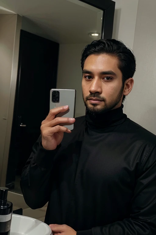 a handsome 30 year old man with an Indonesian face with a thin beard and a slightly fat body, wearing a black jacket and black turtleneck shirt is taking a photo of himself with a Samsung note 20 ultra facing the mirror in a hotel room. The picture is very realistic and super detailed