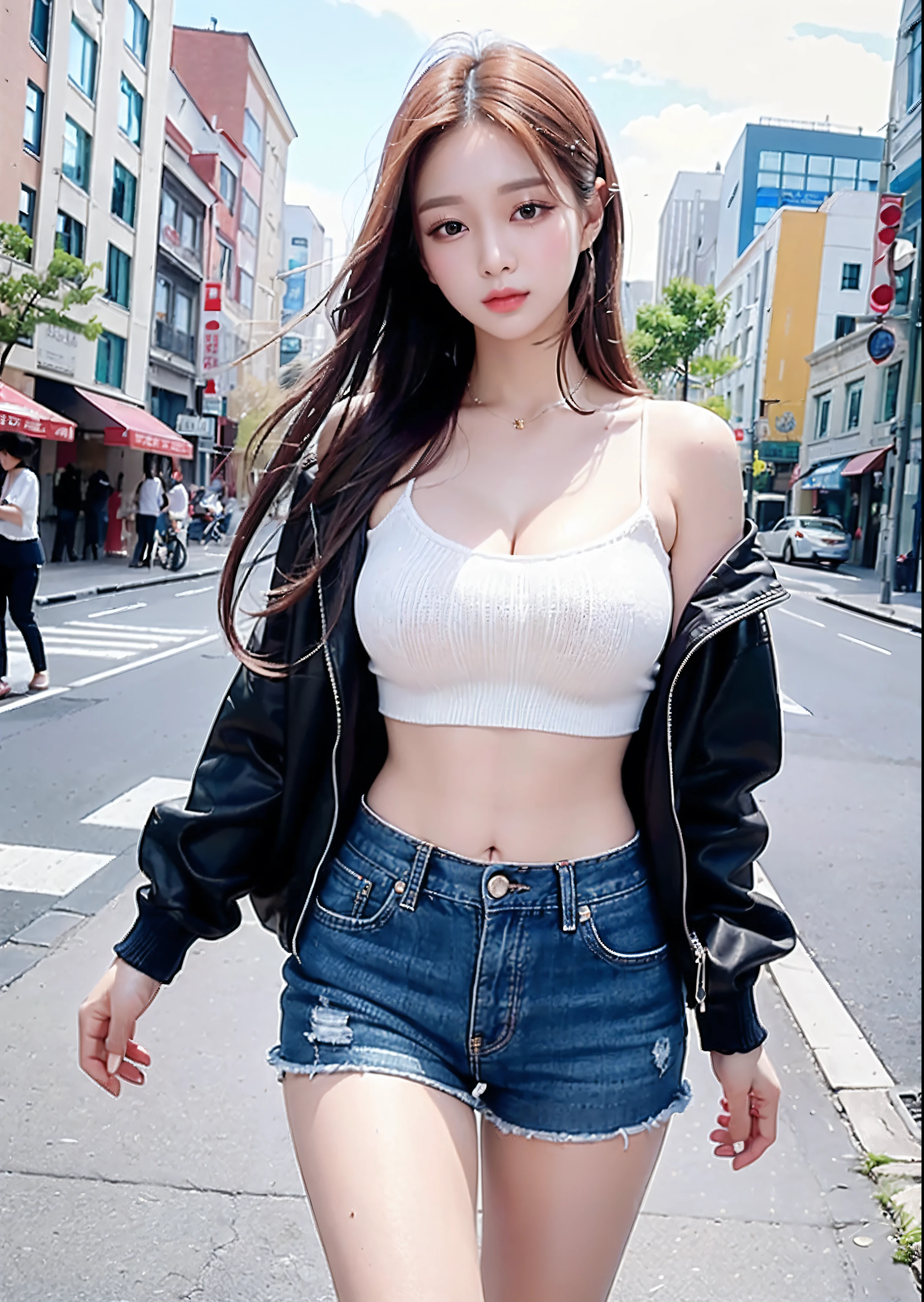 (highest quality, masterpiece:1.4), Realistic, Detailed skin, throw, View Viewer, (street, city:1.2), 1 girl, (Korean mixed race, K-Pop Idols:1.2), Pale skin, (Slender body, Thin thighs:1.25), Thigh Gap, Big Breasts, (Cleavage:1.2), (White Off Shoulder Crop Knit, Very short shorts), belly button