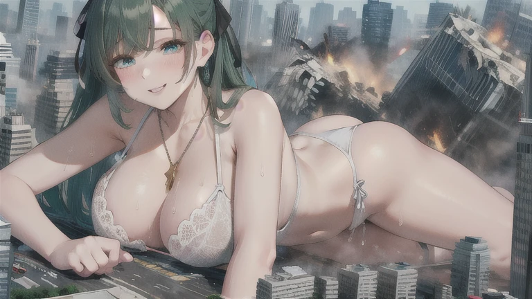 Perfect detail, Special details, highest quality, expensive, 1 Female, .View Viewer, Green Hair, Long Hair, , Black Ribbon, Hair covering both ears, Side bang, Partially exposed forehead, Dark blue eyes, Mature Body, Perfect body, Large Breasts,Big Ass.Sweaty body, Wet body,Pussy,share、body fluid、 blush, Cleavage.Blue lace lingerie,, necklace, Pursing your lips, A light smile, Drunk, expensiveディテール, Depth of written boundary, 1080p, 16k, Awards, High resolution, highest quality, masterpiece, 超High resolution, Anatomically correct, Super detailed,,Huge breasts、Realistic、Perfect bodyライン、aerial photograph、aerial photograph、Destroying the city with a smile、 (A giant girl bigger than a skyscraper destroys the city of Shibuya:1.5)、cute、body fluid,Eroticism