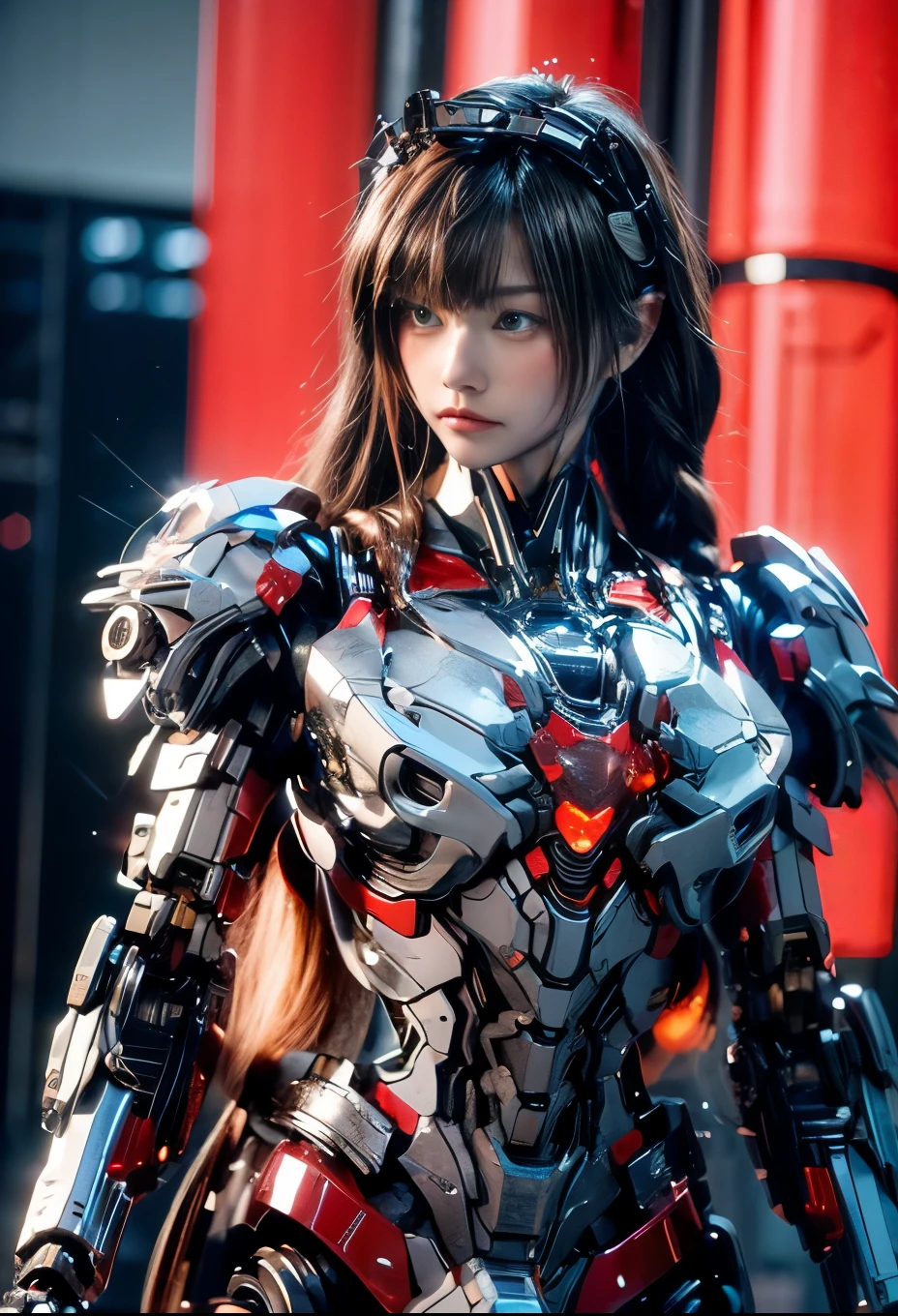 front_view, masterpiece, best quality, Reality, RAW photos, (1 girl, looking at viewer), long hair, Transparent glass mecha, complex texture, Delicate blue filigree, intricate filaments, red metal parts, detail, Dynamic poses, Detailed background, Dynamic Lighting,