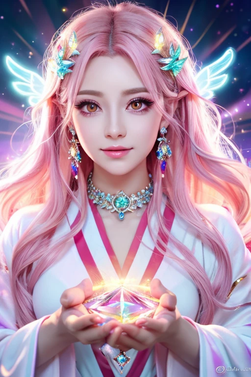 ((highest quality)), ((masterpiece)), (detailed), Perfect Face,kind,Healing,Alluring,fortune teller,Fantastic,vivid,Long Hair,front,Gal,Flashy hair,Wizard,Anime style robe,Pink Eyes,Eyelashes,crystal,(white),Angel Wings,Large earrings,crystal,