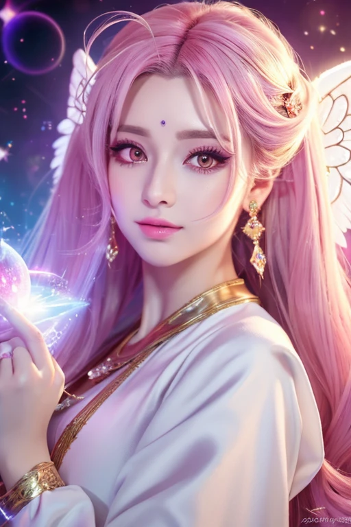 ((highest quality)), ((masterpiece)), (detailed), Perfect Face,kind,Healing,Alluring,fortune teller,Fantastic,vivid,Long Hair,front,Gal,Flashy hair,Wizard,Anime style robe,Pink Eyes,Eyelashes,crystal,(white),Angel Wings,Large earrings,crystal,