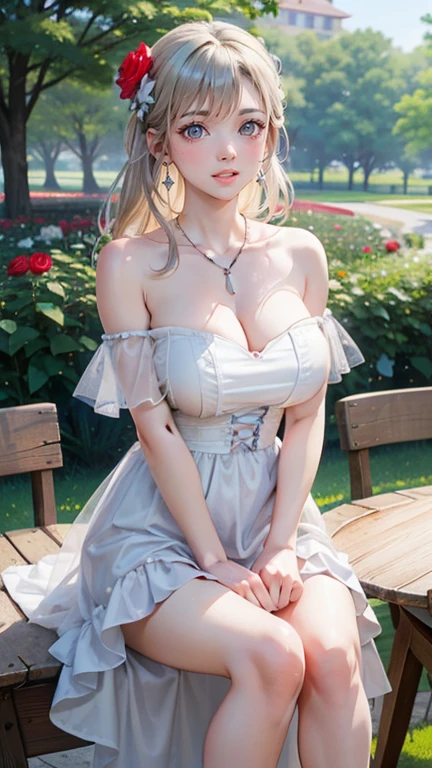 Young Female 1、Beautiful woman、(Narrow eyes、blue eyes、nose、Your lips are beautiful)、smile、Big Breasts、Focus on the arms、Focus on the hands、Focus on your fingers、Silver blonde medium long、Smooth Skin、(White Dress、Strapless dress)、Off the shoulder、Earrings、necklace、 Natural beauty、Outdoor、garden、blue sky、(Rose Garden、Red and white)、Scenery of a park with seasonal flowers in full bloom、There are chairs and a table、Knee-high shot, Looking at the audience、Professional Lighting、( highest quality、High resolution, 8k, masterpiece),