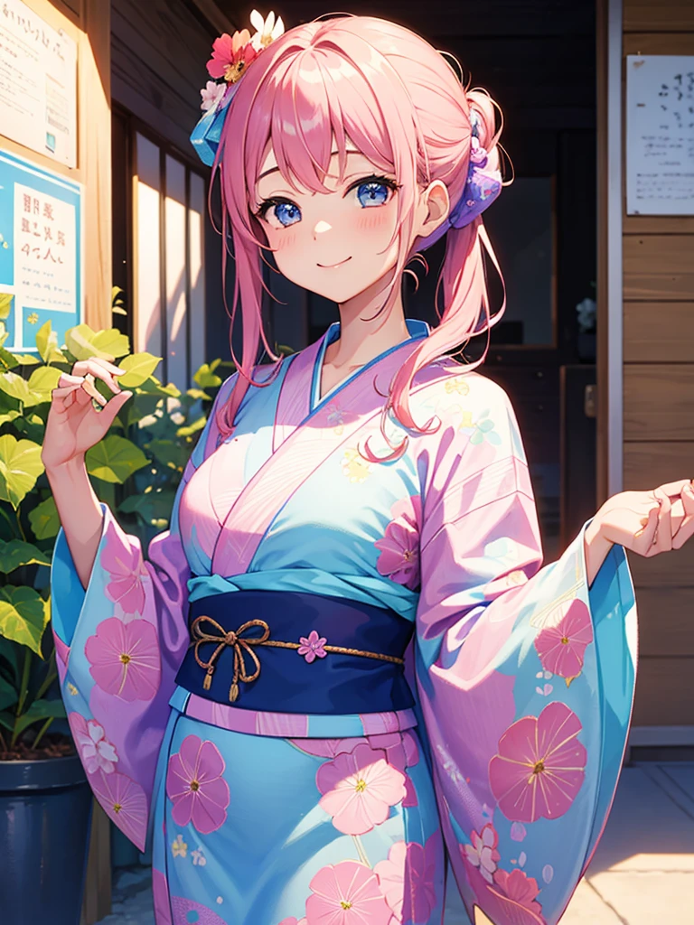 Masterpiece、highest quality、Lots of morning glories、One girl、Wearing a pink and light blue patterned yukata、Smile with your mouth closed、Hair tied up