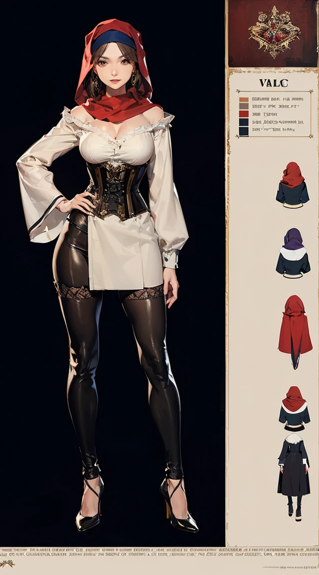 1 woman, solo, headscarf, Hijab, pvc corset, stocking, high heel, brown eyes, looking at viewer, fantasy art, beautiful painting, guwaika style, epic exquisite character art, stunning characters, man, lean (reference sheet:1.5)