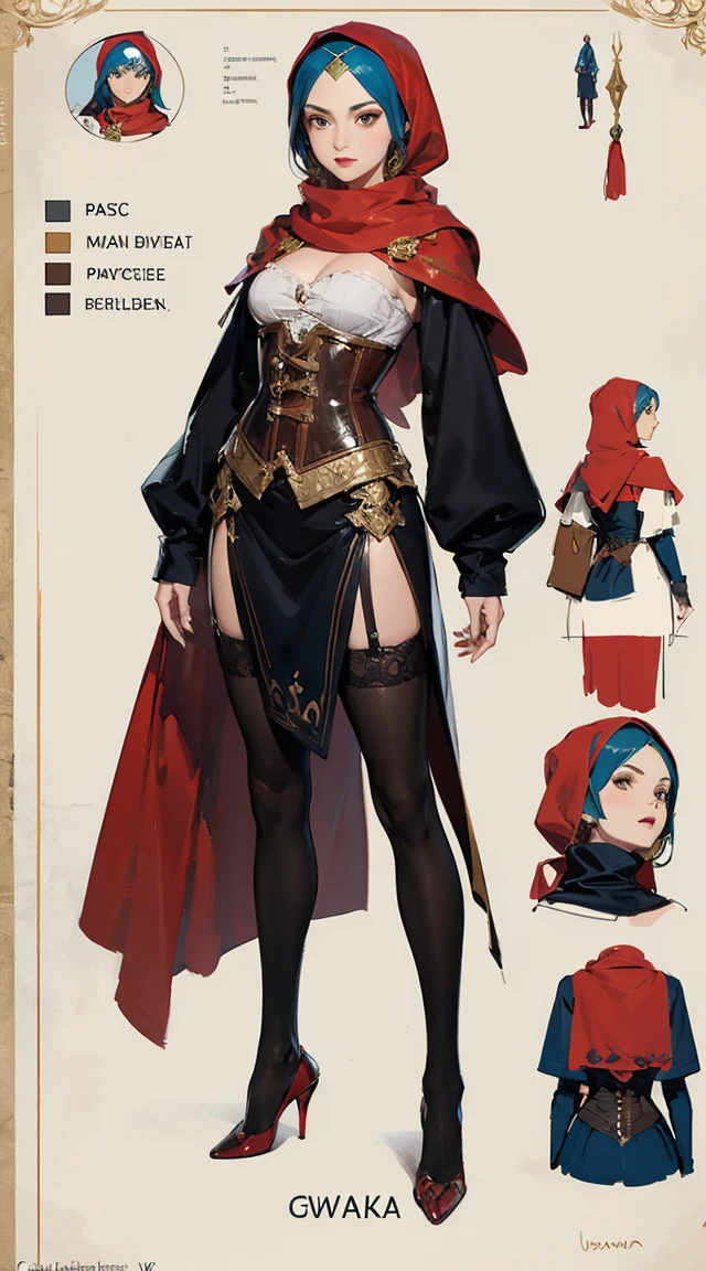 1 woman, solo, headscarf, Hijab, pvc corset, stocking, high heel, brown eyes, looking at viewer, fantasy art, beautiful painting, guwaika style, epic exquisite character art, stunning characters, man, lean (reference sheet:1.5)