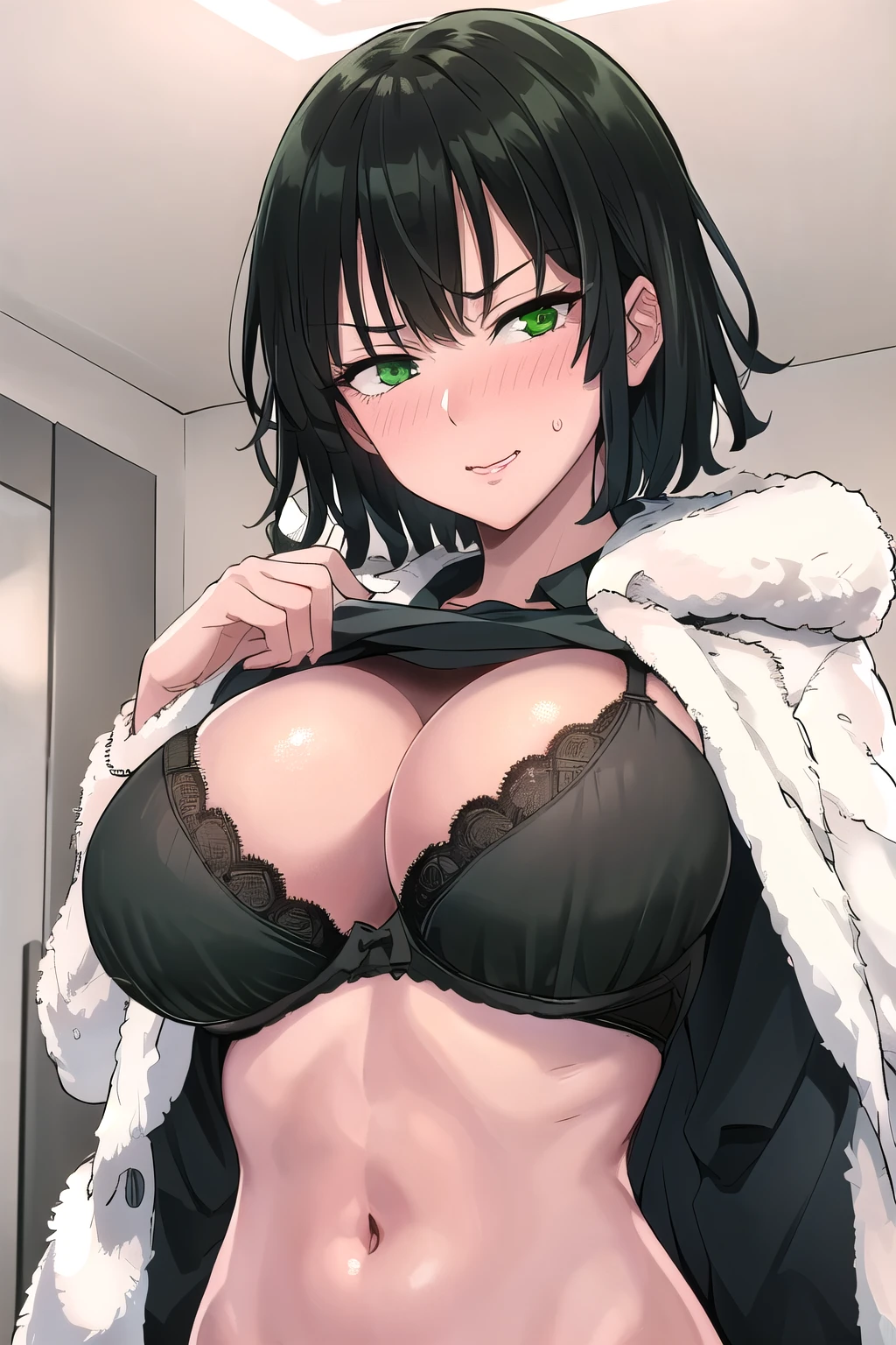 fubuki, One girl, Cute Face,alone, dress, Fur coat, Green Eyes, View Viewer,(big tits:1.1),(large breast:1.2),(busty),((slender)), ((breath)),smirk,(nose blush),Estrus,excited,from below,(shirt lift:1.2),(show off bra),slender stomach,(black bra)