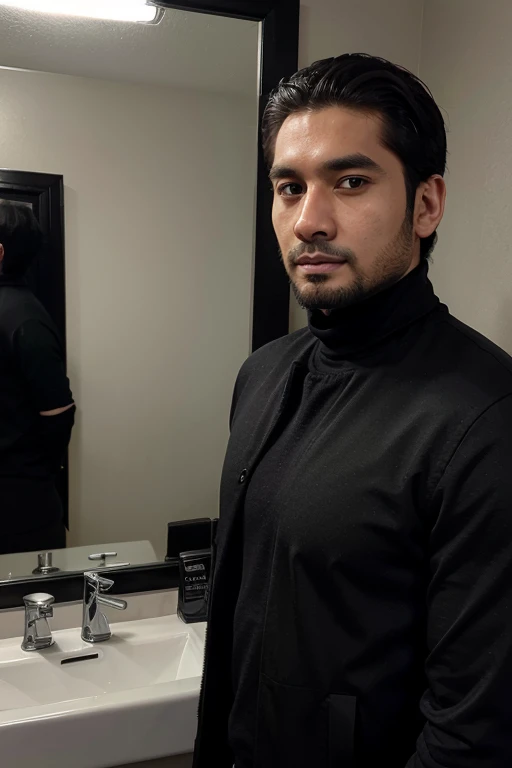 a handsome 30 year old man with an Indonesian face with a thin beard and a slightly fat body, wearing a black jacket and black turtleneck shirt is taking a photo of himself with a Samsung note 20 ultra facing the mirror in a hotel room. The picture is very realistic and super detailed