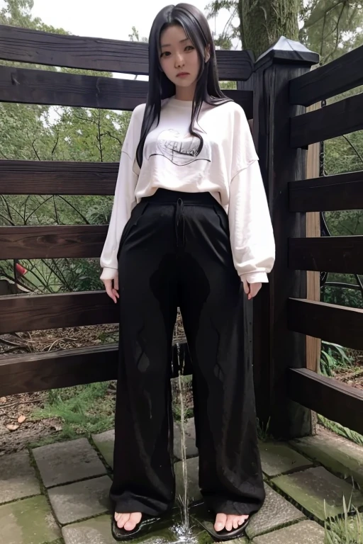 Japanese Girl sees the ghost and pees her black palazzo pants until her pants are wet in fright.