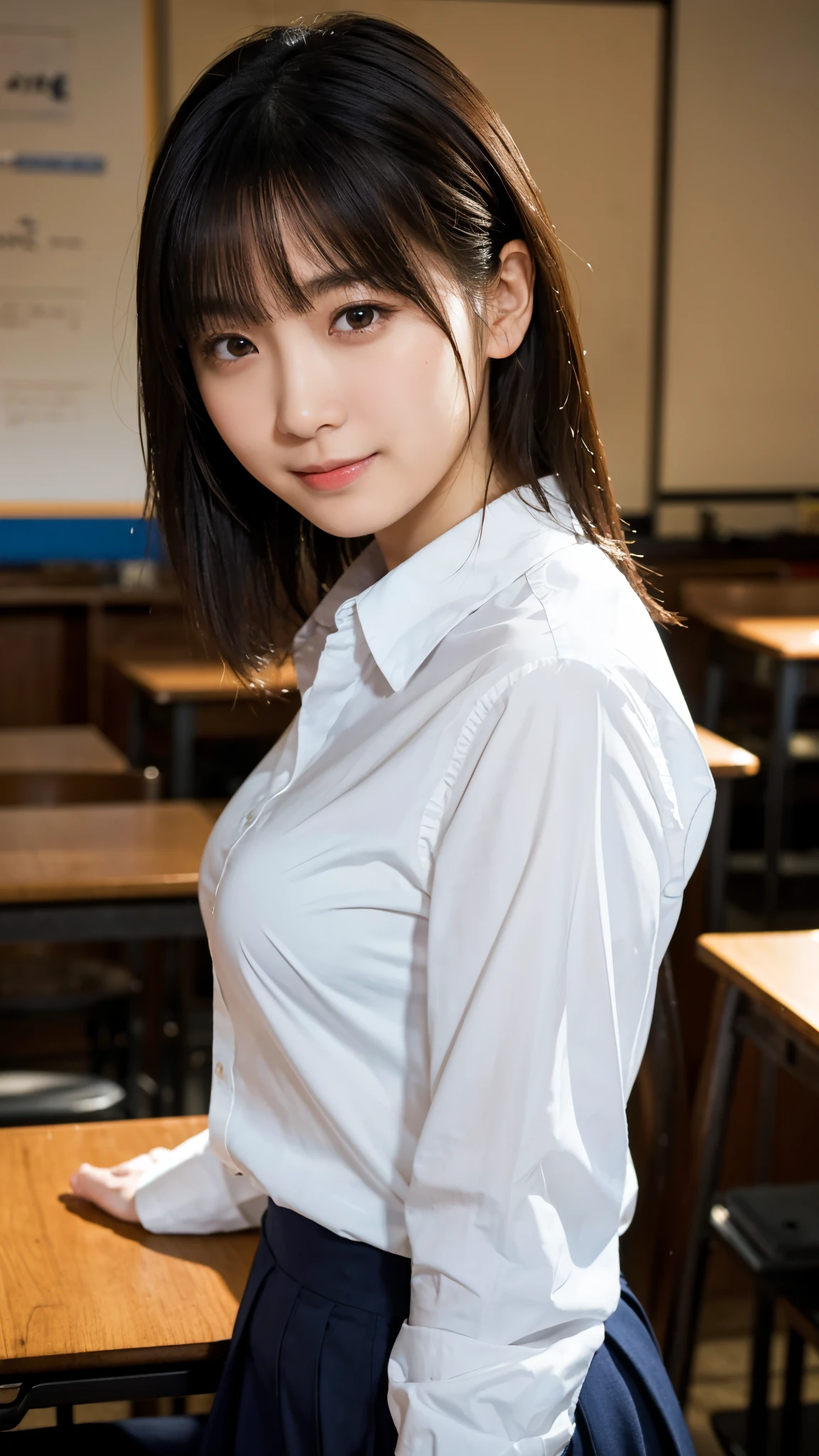(highest quality,masterpiece:1.3,Ultra-high resolution),(Super detailed,Caustics,8k), (Photorealistic:1.4, RAW shooting),dusk,Sunset sky,Dimly lit classroom,Japanese,20-year-old,smile,Black Hair Middle Hair,(White shirt),Big Breasts,Waist up shot,Rim Light,Low position,Low - Angle