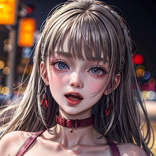 masterpiece of professional Analog photo, realistic and photorealistic with touch of rawness, (a close-up portrait of a woman wearing thongs on a city street), Dusk violet Sky, intricate lighting effects with light particles, (many colorful lights dazzling bokeh), Traffic lights, a crowd of fashionable street girls in the background, { Childish | Gigantic Cleavage }, (((NOGIZAKA))) Extremely Detailed very KAWAII face variation, perfect anatomy, captivating gaze, elaborate detailed Eyes with (sparkling highlights:1.2), long eyelashes、Glossy RED Lips with beautiful details, Coquettish tongue, Rosy cheeks . (Dynamic joyful expressions), { Ecstasy | :D | screaming | Perplexed }, Mystic sight . hair and eye color is same color, { Red leather high collar | Red ribbon }, from diagonally angle .