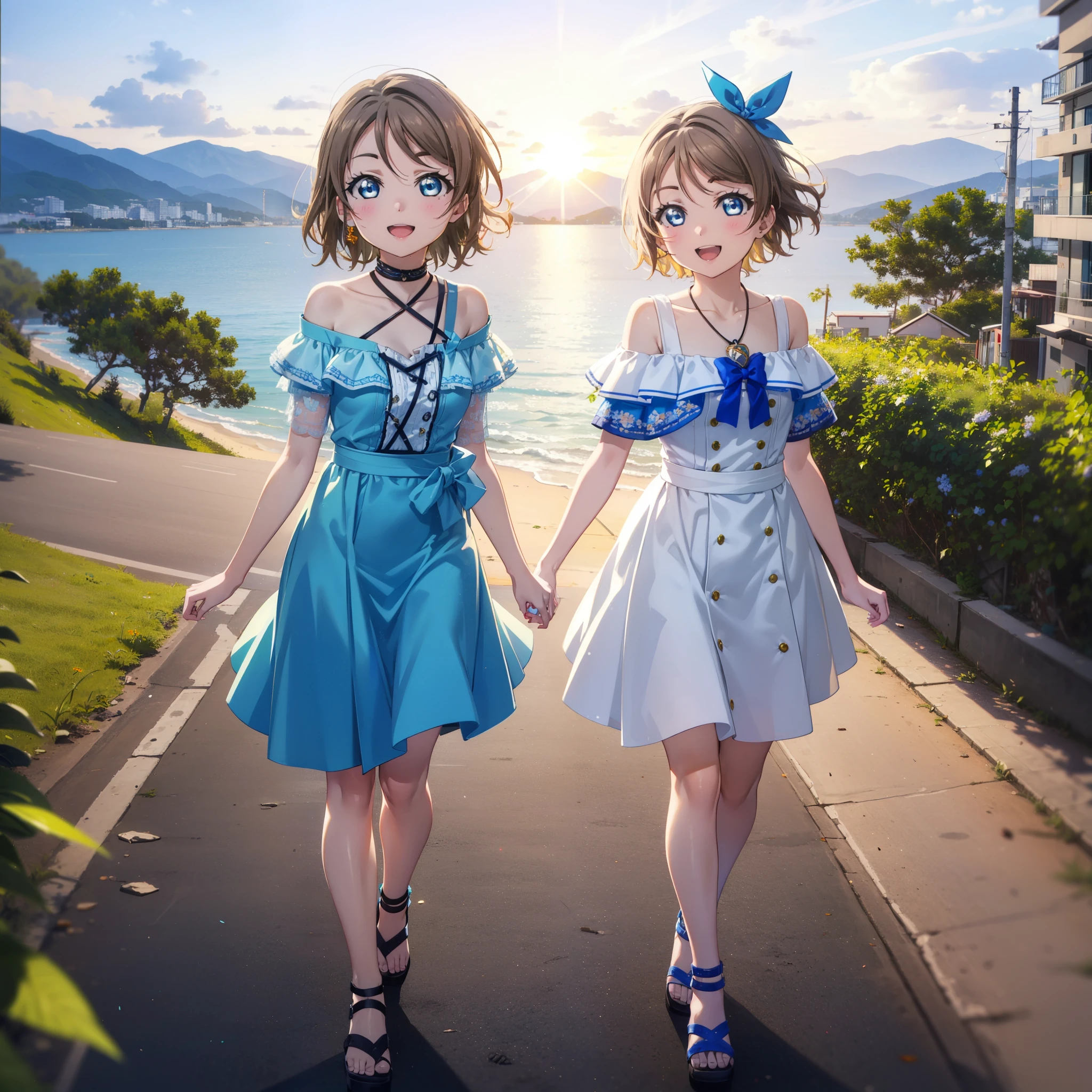 Yo Watanabe, Yu Watanabe, short hair, blue eyes, Brown Hair, smile, happy smile, smile, Open your mouth,Orange hair band,Rocket Pendant,Off-the-shoulder blue dress,Bare neck,Bare shoulders,bare clavicle,Blue long skirt,Cute heeled sandals,evening,Sunset,walking,The sun is setting,whole bodyがイラストに入るように,
break outdoors, Coastal Road,Building district,
break looking at viewer, whole body,
break (masterpiece:1.2), highest quality, High resolution, unity 8k wallpaper, (figure:0.8), (Beautiful fine details:1.6), Highly detailed face, Perfect lighting, Highly detailed CG, (Perfect hands, Perfect Anatomy),
