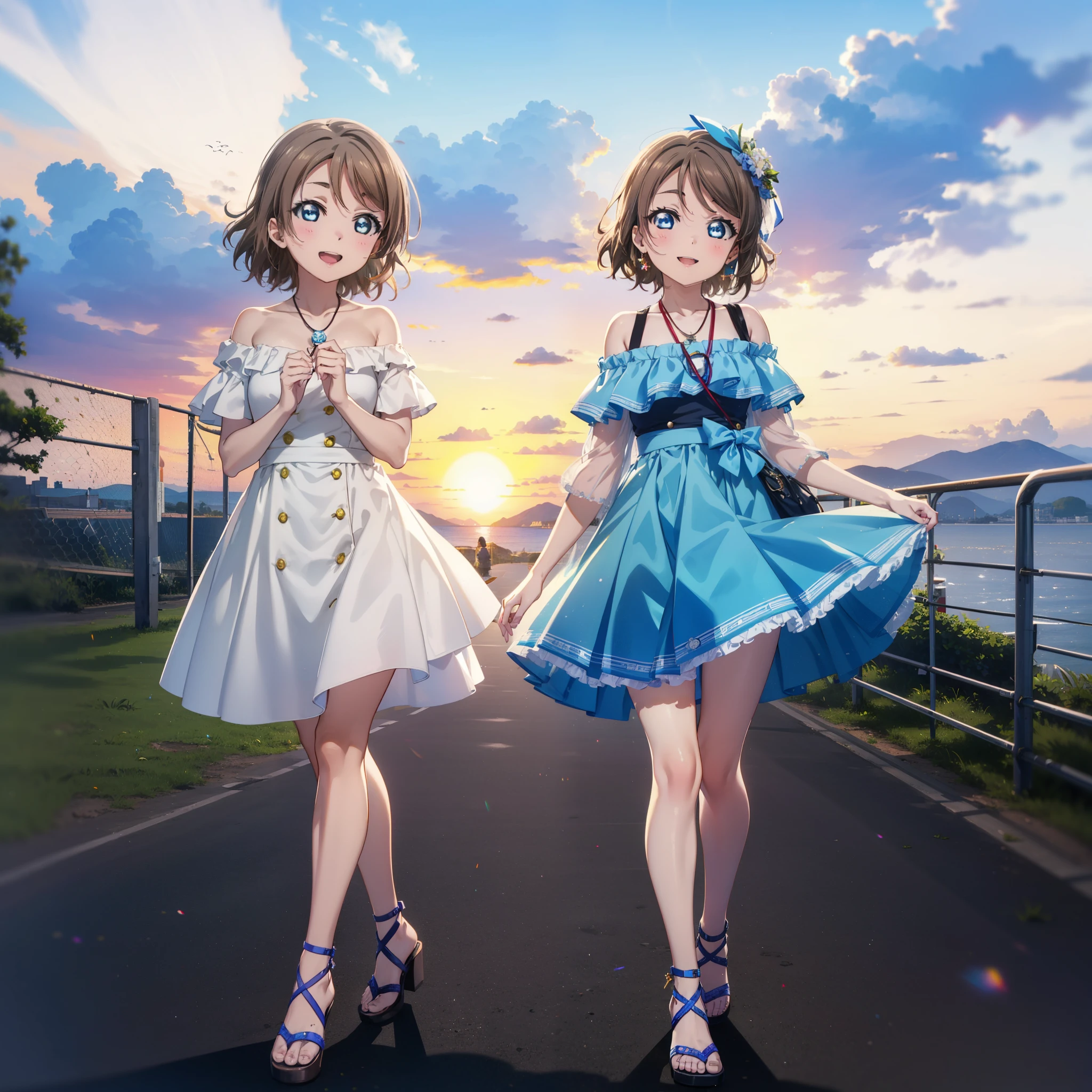 Yo Watanabe, Yu Watanabe, short hair, blue eyes, Brown Hair, smile, happy smile, smile, Open your mouth,Orange hair band,Rocket Pendant,Off-the-shoulder blue dress,Bare neck,Bare shoulders,bare clavicle,Blue long skirt,Cute heeled sandals,evening,Sunset,walking,The sun is setting,whole bodyがイラストに入るように,
break outdoors, Coastal Road,Building district,
break looking at viewer, whole body,
break (masterpiece:1.2), highest quality, High resolution, unity 8k wallpaper, (figure:0.8), (Beautiful fine details:1.6), Highly detailed face, Perfect lighting, Highly detailed CG, (Perfect hands, Perfect Anatomy),