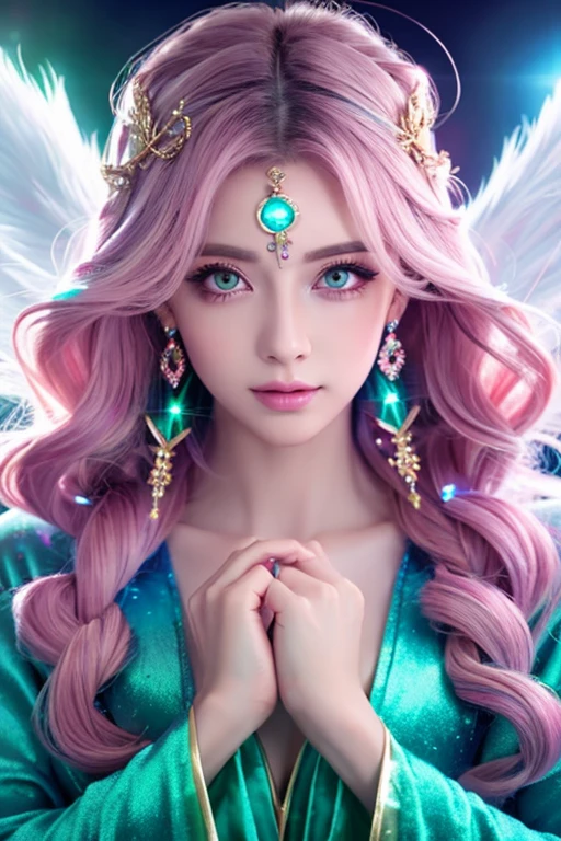 ((highest quality)), ((masterpiece)), (detailed), Perfect Face,kind,Healing,Alluring,fortune teller,Fantastic,vivid,Long Hair,front,Gal,Flashy hair,Wizard,Anime style robe,Pink Eyes,Eyelashes,crystal,(Blue Green),Angel Wings,Large earrings,crystal,