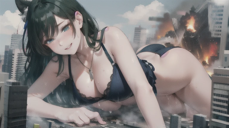 Perfect detail, Special details, highest quality, expensive, 1 Female, .View Viewer, Green Hair, Long Hair, , Black Ribbon, Hair covering both ears, Side bang, Partially exposed forehead, Dark blue eyes, Mature Body, Perfect body, Large Breasts,Big Ass.Sweaty body, Wet body,Pussy,share、body fluid、 blush, Cleavage.Blue lace lingerie,, necklace, Pursing your lips, A light smile, Drunk, expensiveディテール, Depth of written boundary, 1080p, 16k, Awards, High resolution, highest quality, masterpiece, 超High resolution, Anatomically correct, Super detailed,,Huge breasts、Realistic、Perfect bodyライン、aerial photograph、aerial photograph、Destroying the city with a smile、 (A giant girl bigger than a skyscraper destroys the city of Shibuya:1.5)、cute、body fluid,Eroticism