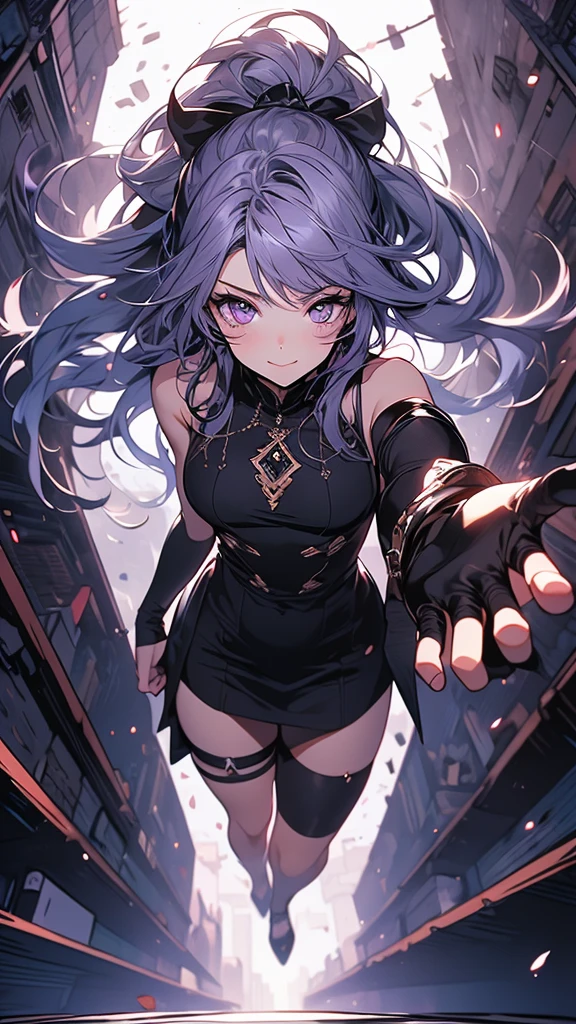 cryptic girl,masterpiece,highest quality,Very detailed,One girl,alone,surprise,The pupils constrict,Scared,shout, cryptic girl,Gradient Hair, Multicolored Hair, Long hair braided in two ponytails, Very long hair, Purple eyes, Mouth closed, metal armor, strap, Elbow hand pockets, whole body,yinji,1girl,solo, purple eyes, long hair, twin braids, purple hair, multicolored hair, elbow gloves, bangs, very long hair,bare shoulders, black skirt, grey hair, dress, smile, side cutout,covered navel, side cutout, break (((fall, Shorthand, perspective, Bottomless Pit))),Raise the hand,Dungeons,From above,Reaching out towards the viewer,A beautiful boy grabbing the outstretched hand of a criptic girl、The boy&#39;s hair color is white with blue inner color、Short Hair、Black cyberpunk outfit、Dutch Angle,Spread your legs,