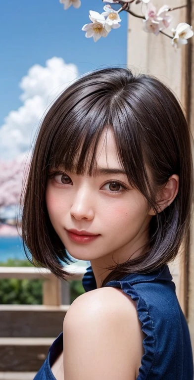 (software:1.8、masterpiece, highest quality),1 girl, alone, hyper Realistic, Realistic,Realistic, Looking at the audience, Light brown eyes:1.4,Brunette Short Bob Hair with highly detailed shiny hair, Japanese Kimono:1.8, Lepangas:1.4), Mouth closed, Upper Body、big chest eye、eyelash、{Huge|big chest|Hugeな|Mega} whole :2, Chest cleavage:2、(((Add highlights to the eyes:1.4、big chest eye、Short Bob Hair、Glowing Skin:1.4、Looking at the audience、She is very 美しい and cute、Show me your ears、Beautiful long neck:1.8、smile、Close your mouth and smile、Bangs and beautiful teeth)))、Ideal body type、((Very beautiful blue sky and clouds、And a beautiful cherry blossom background:2、Beautiful view of clear blue sky and floating clouds:2、A very beautiful deep blue sky、Vibrant cherry blossoms in the background:2))、Beautiful long neck:1.6、(({Huge|big|Huge|Mega} chest, Chest cleavage:2))、(((Beautiful Bangs:2、Portraiture:2、Cowboy Shot:2、Face close-up:2、Face close-up:2)))、Perfect Anatomy