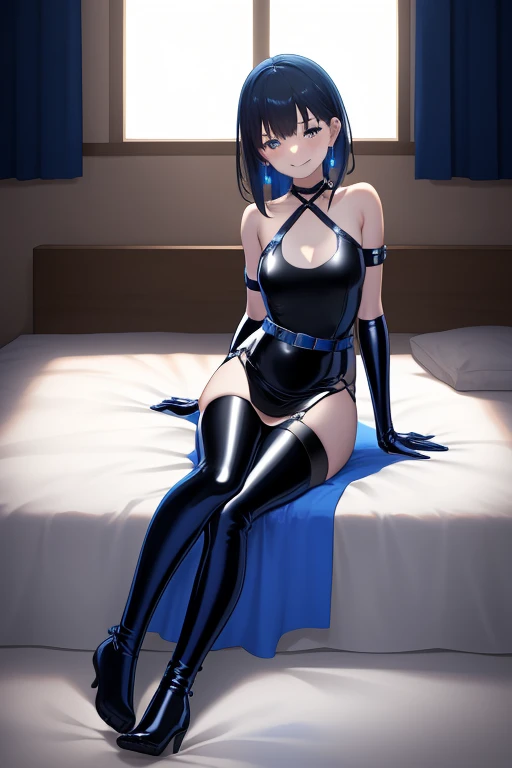 8K, high resolution, ultra detaild, (work of art:1.4), best qualityer, symmetrical body, (black latex strapless crop top:1.4), (mini latex thong:1.4 Drawing Your Intimacy), choker, cute, standing alone, aretes, shorth hair, hair blue, blue colored eyes, glow effect, finely eye, face detailed, gazing at viewer, alluring face, in the bedroom, legs spread open, angled view, breasts big, seducing gaze, perfect toes, voluptous