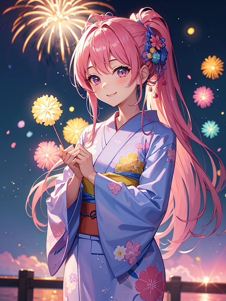 Masterpiece、highest quality、night、Lots of fireworks、One girl、Wearing a pink and light blue patterned yukata、Smile with your mouth closed、Hair tied up、Standing pose