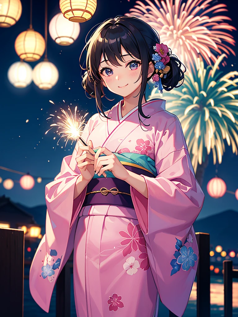Masterpiece、highest quality、night、Lots of fireworks、One girl、Wearing a pink and light blue patterned yukata、Smile with your mouth closed、Hair tied up、Standing pose