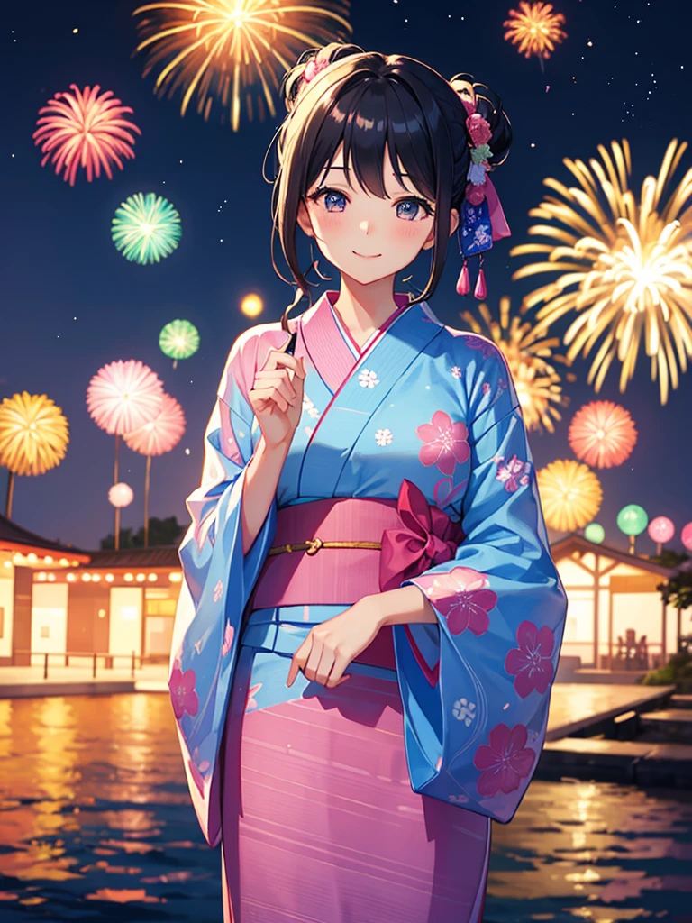 Masterpiece、highest quality、night、Lots of fireworks、One girl、Wearing a pink and light blue patterned yukata、Smile with your mouth closed、Hair tied up、Standing pose