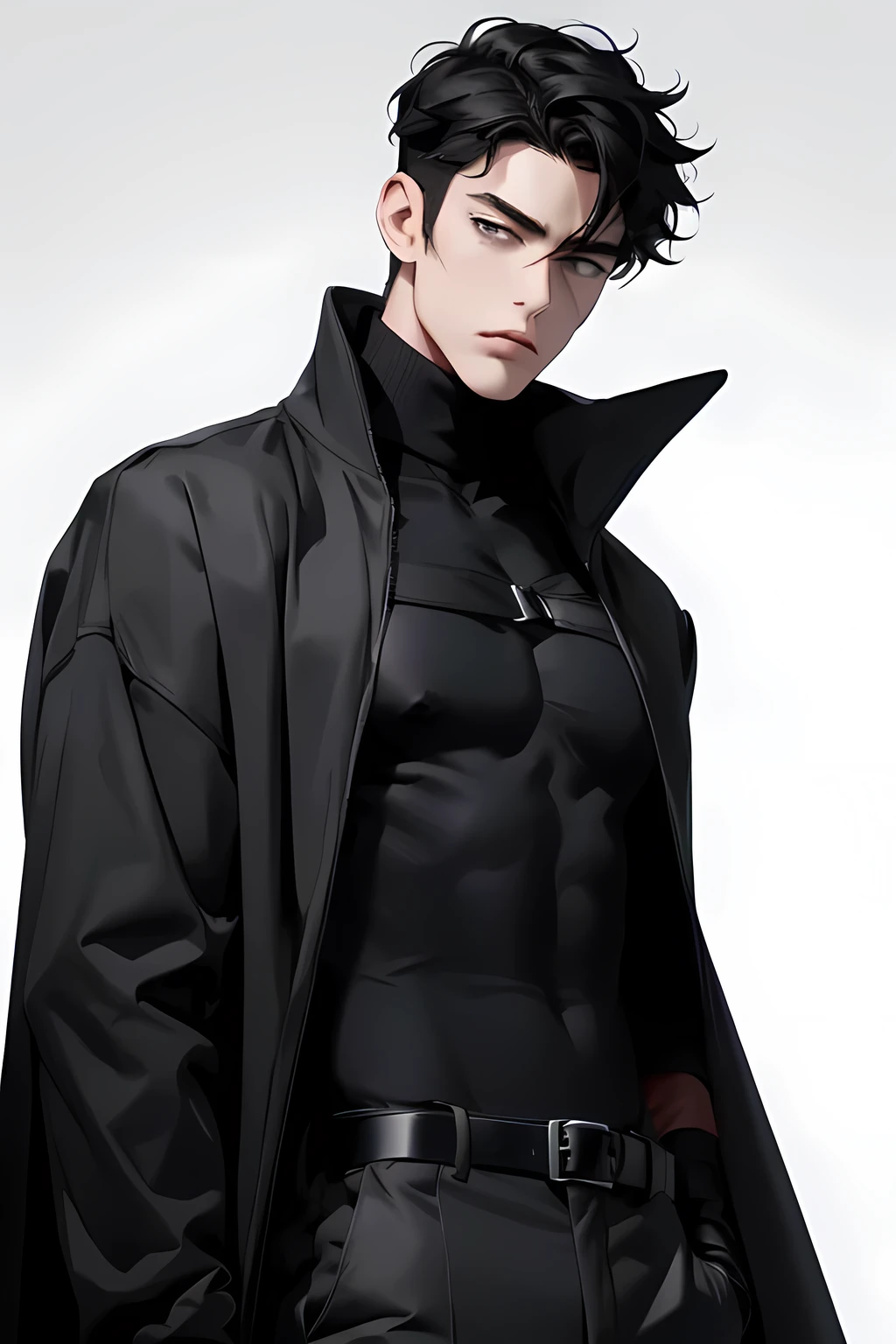 ((1 Adult man, 40 years))), ((Black Short Hair)), ((grey eyes)), black turtleneck, black trousers, Black background, Large assembly, Pumped up body, good anatomy, (Detailed eyes, Even the eyes), serious look, serious expression, Dynamic pose in a black cloak, military, scars on the body