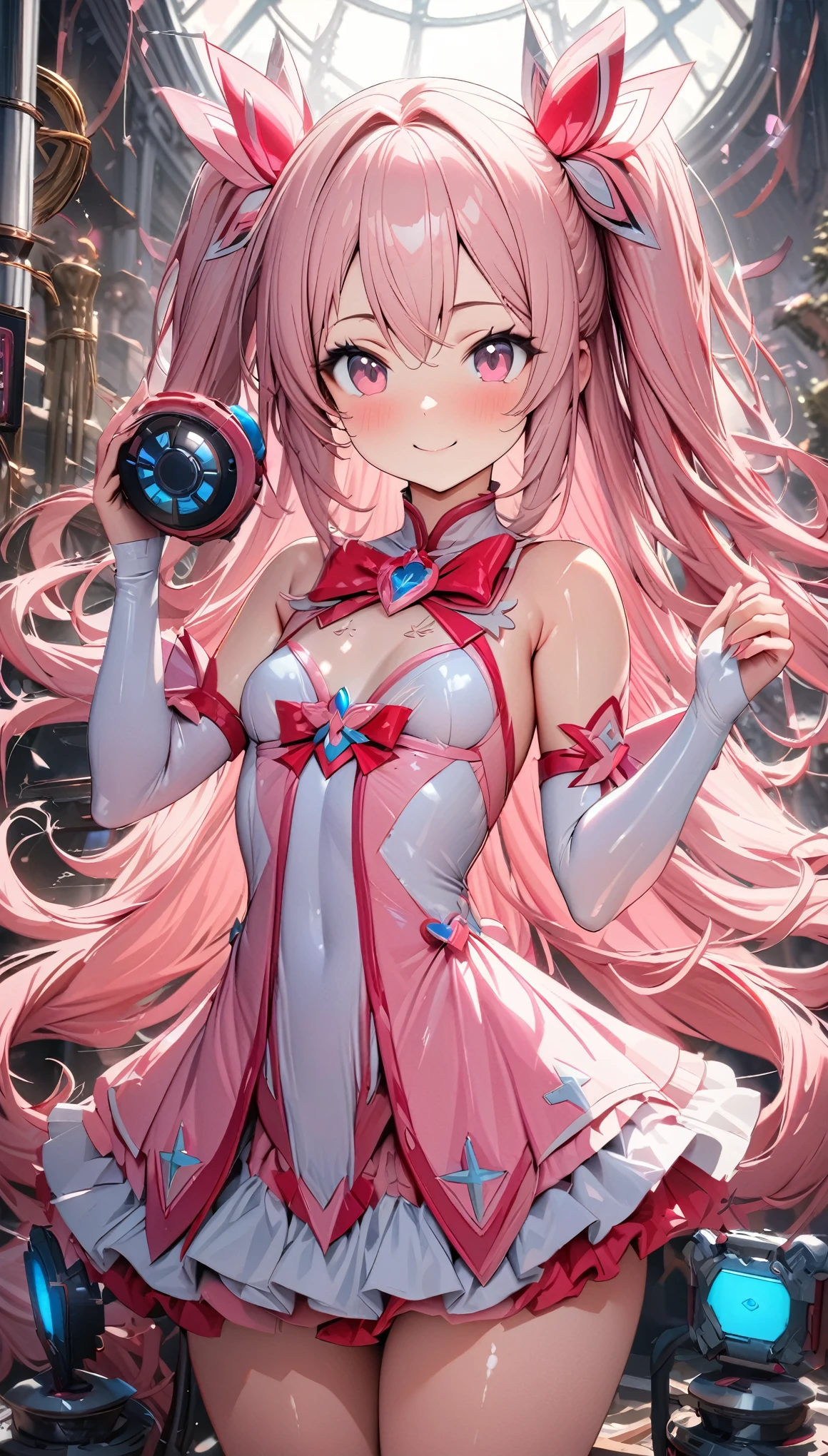((masterpiece)), ((highest quality)), (Super detailed), ((cute)), cute, (Lovely), ((sexy)), (device), ((Very detailed)), 4K, (8k), highest quality, (beautiful), One girl, , Shiny skin, Pink Hair, Long Hair, Both sides up, Pink Eyes, Magical girl, , Small breasts, smile, Miracles of God, God's Beloved Daughter, Divine Light, God Bless, Holy Virgin, (Perfect Anatomy:1.3), beautiful手, beautiful fingers, ((PINK high leg leotard:1.3)), White ruffled skirt, Pink gloves with white frills, Pink knee-high socks, Hair tied with a red ribbon, magic circle, Pink magic light, Starlight, Pink Crystal, shine, Black background, Dynamic pose, Dynamic Angle, Cowboy Shot,By God, ((masterpiece)), ((highest quality)), (Super detailed), ((cute)), cute, (Lovely), ((sexy)), (device), ((Very detailed)), 4K, (8k), highest quality, (beautiful)